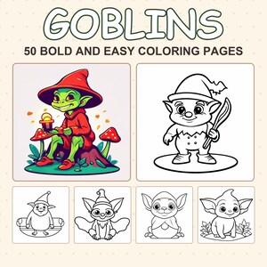 Puede incluir: Un libro para colorear titulado GOBLINS 50 BOLD AND EASY COLORING PAGES que presenta una ilustración a todo color de un duende verde con sombrero rojo sentado en un tronco, junto a cinco dibujos de línea en blanco y negro de varios duendes.