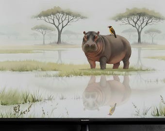 Hippopotamus TV Art | 4K & 8K | Samsung Frame Art | Soft Savannah Watercolor | Instant Download