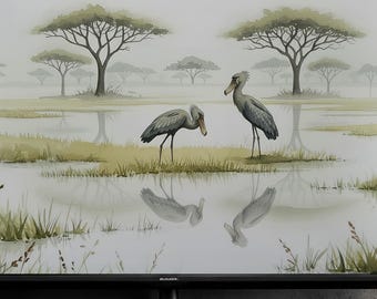 Schermdecoratie met schoenbekooievaar | 4K & 8K | Samsung Frame Afbeelding | Rustgevende Savannah Aquarel Kunst | Direct Downloaden