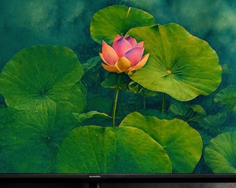Lotusvijver schermdecoratiepakket | 2 ontwerpen in 4K & 8K | Samsung fotolijst | Petrolgroene lotusbloem | Direct downloaden