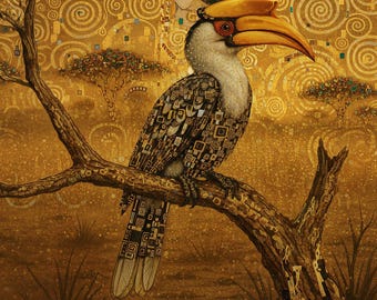 Schermdecoratie met neushoornvogel | 4K & 8K | Samsung fotolijst | Gouden siervogel | Direct downloaden