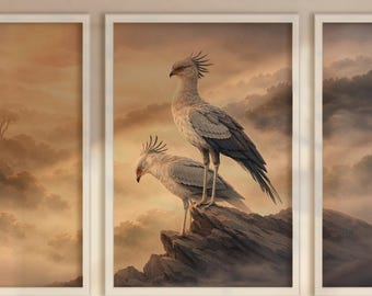 Muurdecoratie met secretarisvogels | Set van 3 + panorama | Elegante safari-kunst | Beige en aardetinten | Moderne natuurdecoratie | Direct te downloaden