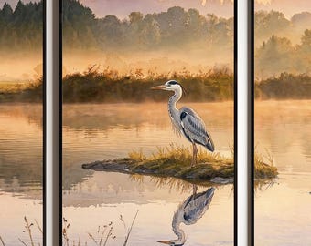 Muurdecoratie met reigers | Set van 3 + panorama | Rustgevende zee- en natuurkunst | Zachte pastelkleuren | Direct te downloaden
