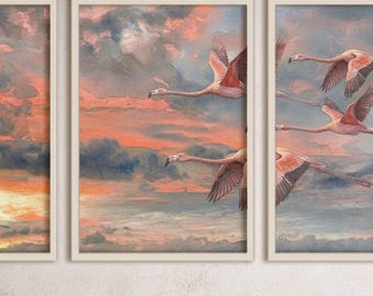 Flamingo muurdecoratie | Set van 3 + panorama | Sfeervolle natuurkunst | Zachte hemelkleuren | Direct te downloaden