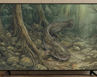 Schermdecoratie met Europese meerval | 4K & 8K | Samsung Frame Afbeelding | Donker petrolgroene rivier aquarel kunst | Direct downloaden