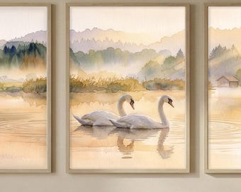 Muurdecoratie met zwanen | Set van 3 + panorama | Rustgevende zee- en natuurkunst | Zachte pastelkleuren | Direct te downloaden