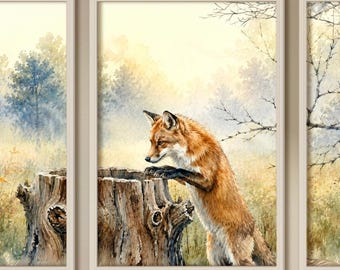 Fox Woodland Wall Art | Triptych Set + Panorama | Moody Vintage Forest Art | Cottagecore Decor | Instant Download