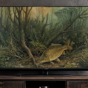 Op de afbeelding: Een grote flatscreen-tv met een gedetailleerde natuurscène van een vis in een bosbeek, geplaatst op een lang, rechthoekig houten tv-meubel met donkere metalen gaasdeuren en een open centraal opbergvak voor apparatuur.