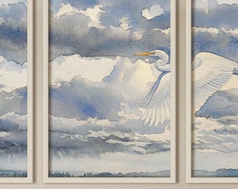 Muurdecoratie met een grote reiger | Set van 3 + panorama | Sfeervolle natuurkunst | Zachte hemelkleuren | Direct te downloaden