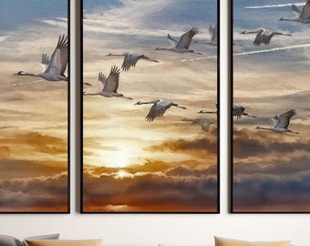 Muurdecoratie met kraanvogels | Set van 3 + panorama | Sfeervolle natuurkunst | Zachte hemelkleuren | Direct te downloaden