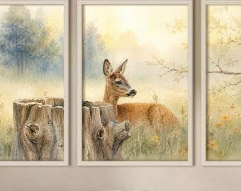 Deer in Profile Woodland Wall Art | Triptych Set + Panorama | Moody Vintage Forest Art | Cottagecore Decor | Instant Download
