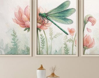 Groene libellen muurdecoratie | Triptiek + Panorama | Libellen aquarel | Roze en saliegroen | Elegante natuurkunst | Direct te downloaden