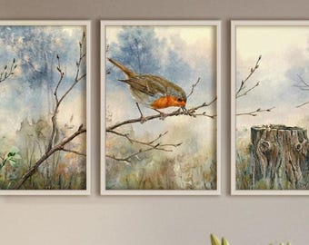 Robin Woodland Wall Art | Triptych Set + Panorama | Moody Vintage Forest Art | Cottagecore Decor | Instant Download
