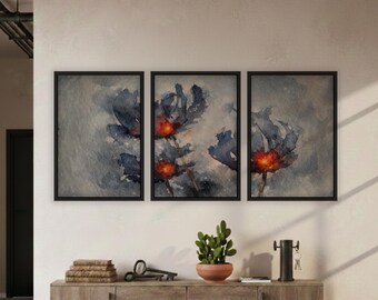 Abstracte bloemen muurdecoratie | Triptiek + panorama | Diepblauw en oranje | Expressionistische aquarelkunst | Direct te downloaden