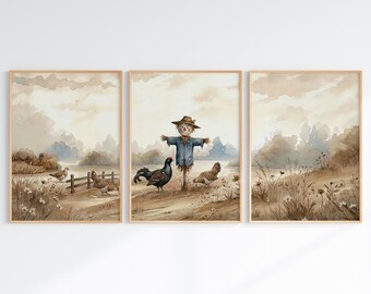Kinderkamerposter met korhoenmotief | Set van 3 + panorama | Nostalgische cottagecore decoratie | Zachte kleuren | Direct te downloaden
