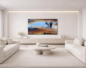 Witte ooievaar tv-kunst | 16:9 in 4K + 8K | Samsung frame-afbeelding | Sfeervolle natuurkunst | Zachte hemelkleuren | Direct downloaden