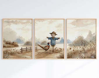 Fazanten babykamerposter | Set van 3 + panorama | Nostalgische cottagecore decoratie | Zachte kleuren | Rustgevende babykamer afbeelding | Direct downloaden