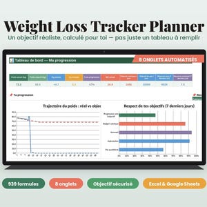 Peut inclure: Un planificateur de suivi de perte de poids numérique affiché sur un écran. L'interface présente un tableau de bord avec des mesures de progression, un graphique linéaire de poids et un graphique à barres. Texte : Weight Loss Tracker Planner.