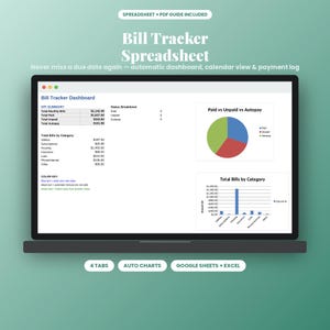 Peut inclure: Un tableur de suivi des factures affiché sur un écran d'ordinateur portable, comprenant un tableau de bord avec un résumé des indicateurs clés, une répartition des statuts, un graphique circulaire et un graphique à barres.