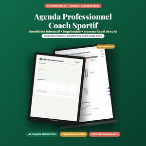 Peut inclure: Un agenda professionnel pour coach sportif et un classeur Excel de suivi affichés sur deux tablettes. Le texte indique Agenda Professionnel Coach Sportif, GoodNotes interactif, imprimable, classeur Excel de suivi et Objectifs professionnels.