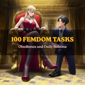 May include: An anime-style illustration featuring a blonde character in a red dress sitting on a gold throne, with a dark-haired character in a suit kneeling. The text reads 100 FEMDOM TASKS Obedience and Daily Routine, with scattered cards on the floor.