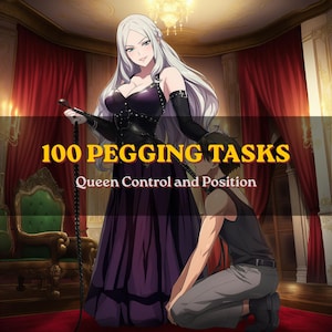 Può includere: Un'illustrazione in stile anime con una donna dai lunghi capelli bianchi in un abito viola scuro e corsetto nero che tiene una frusta, in piedi sopra una persona inginocchiata. Il testo recita 100 PEGGING TASKS Queen Control and Position.