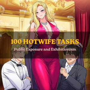 May include: A digital illustration featuring a blonde person in a magenta evening gown standing between two individuals in formal suits. The text 100 HOTWIFE TASKS Public Exposure and Exhibitionism is centred over the figures in a bold yellow font.