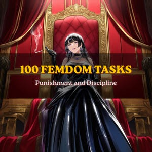 May include: An anime-style illustration of a character with long black hair wearing a black gown and gloves, sitting on a red throne. The text reads 100 FEMDOM TASKS Punishment and Discipline. The character holds a smoking cigarette in one hand.