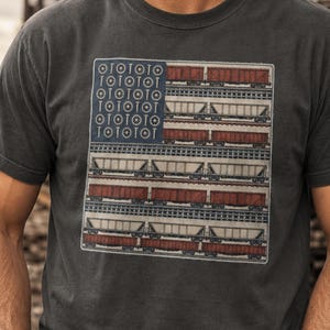 以下が含まれることがあります： チャコールグレーの半袖Tシャツ。鉄道車両と車輪で構成されたアメリカ国旗のグラフィックプリントが施されています。左上隅には「PEPPER COMFORT COLORS 1717 T-SHIRT」の文字がプリントされています。クルーネック仕様です。