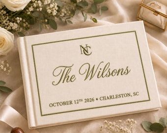 Personalized Surname Embroidered Wedding Guest Book, Custom Linen Memory Guest Book, Engagement Sign In Book, Bridal Shower Gift