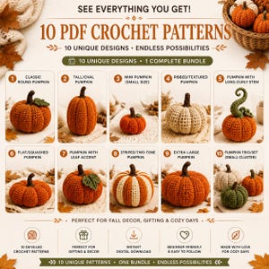 Peut inclure: Un ensemble numérique de 10 modèles de crochet PDF présentant divers motifs de citrouilles. L'image montre 10 citrouilles crochetées distinctes en orange, crème et vert, numérotées de 1 à 10, incluant des styles ronds, hauts, mini, côtelés.
