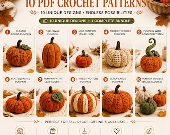 May include: A digital bundle of 10 PDF crochet patterns featuring various pumpkin designs. The image displays 10 distinct crocheted pumpkins in orange, cream, and green, labeled 1 through 10, including round, tall, mini, ribbed, and curly stem styles.