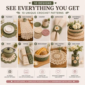 May include: A digital collection of 10 crochet patterns titled 10 DESIGNS SEE EVERYTHING YOU GET. The image displays 10 items: a placemat, table runner, coaster, napkin ring, centerpiece basket, trivet, napkin, bread basket, doily, and vase cover.