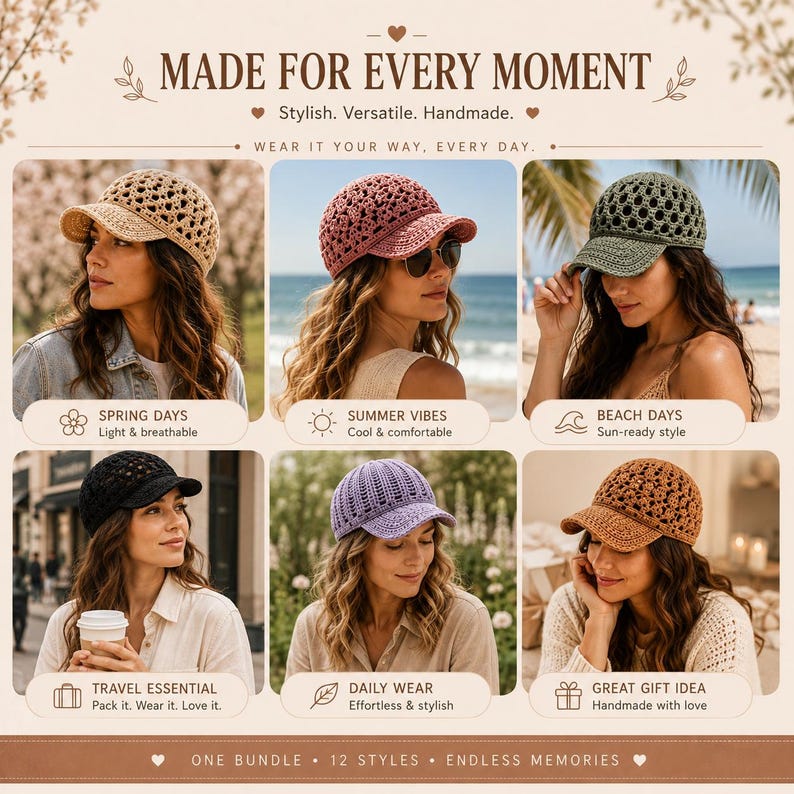 May include: A collection of six crochet baseball caps in beige, dusty rose, olive green, black, lavender, and tan. The text reads: MADE FOR EVERY MOMENT, Stylish. Versatile. Handmade. WEAR IT YOUR WAY, EVERY DAY. SPRING DAYS, SUMMER VIBES, BEACH DAYS, TRAVEL ESSENTIAL, DAILY WEAR, GREAT GIFT IDEA, ONE BUNDLE, 12 STYLES, ENDLESS MEMORIES.
