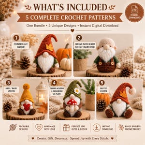 May include: A digital download guide featuring five crochet patterns for gnomes. The image displays five distinct crocheted gnome figures: one with a pointed hat, one bare-headed with a beard, one holding a heart, one with a mushroom, and one seated.