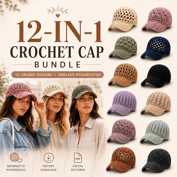 12-in-1 Crochet Cap Pattern Bundle: Textured Baseball Hats | US Terms PDF Download