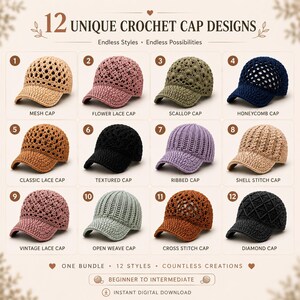 May include: A collection of 12 crochet cap designs labeled 1 through 12, including mesh, flower lace, scallop, honeycomb, classic lace, textured, ribbed, shell stitch, vintage lace, open weave, cross stitch, and diamond patterns in various colors.