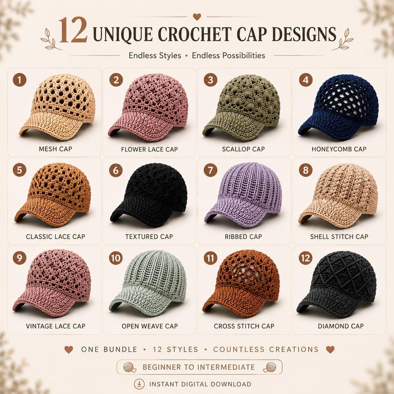 May include: A collection of 12 crochet cap designs labeled 1 through 12, including mesh, flower lace, scallop, honeycomb, classic lace, textured, ribbed, shell stitch, vintage lace, open weave, cross stitch, and diamond patterns in various colors.