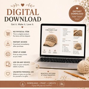 May include: A digital download crochet cap pattern displayed on a laptop screen, featuring a beige crocheted baseball cap, material lists, and instructions. The image includes a ball of beige yarn and a crochet hook on a neutral surface.