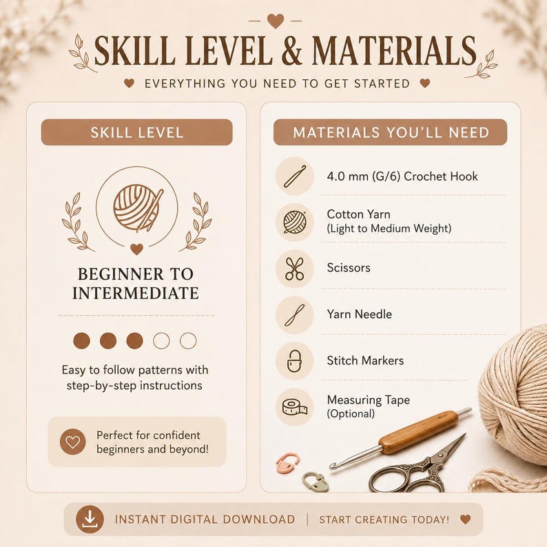 May include: An informational graphic titled SKILL LEVEL & MATERIALS listing requirements for a crochet project. It specifies a 4.0 mm (G/6) crochet hook, cotton yarn, scissors, yarn needle, stitch markers, and a measuring tape for beginner to intermediate skill levels.