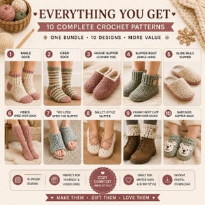 Könnte beinhalten: Eine digitale Infografik mit dem Titel EVERYTHING YOU GET 10 COMPLETE CROCHET PATTERNS, die zehn nummerierte Häkelanleitungen für Fußbekleidung zeigt, darunter Socken, Hausschuhe, Stiefel, Pantoletten, Kniestrümpfe und Babyschuhe.