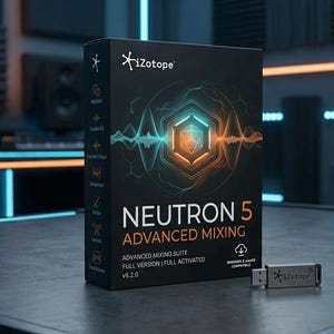 May include: A black rectangular software box for iZotope Neutron 5 Advanced Mixing with a central glowing hexagonal graphic, orange and blue sound waves, and text including v5.2.0. A silver USB flash drive labeled iZotope 5 sits in front.