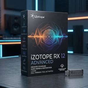 Könnte beinhalten: Eine schwarze, rechteckige Software-Verpackung für die Audio-Reparatur- und Restaurierungssoftware iZotope RX 12 Advanced mit einer farbigen Wellenform-Grafik und einem silbernen USB-Stick mit iZotope-Logo vor der Box auf einer dunklen Oberfläche.