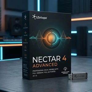 Może przedstawiać: Czarne, prostokątne pudełko z oprogramowaniem iZotope Nectar 4 Advanced, profesjonalnym pakietem do miksowania wokalu, z centralną grafiką świecącej fali dźwiękowej, tekstem wersji 4.1.0 oraz srebrnym pendrivem z logo iZotope obok.