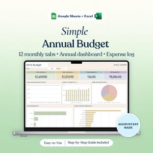 Pode incluir: Um modelo de planilha digital para Google Sheets e Excel intitulado Simple Annual Budget. A tela exibe um painel de resumo anual com dados financeiros, incluindo receita total, despesas, economias e saldo, além de gráficos.