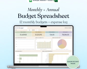 Annual Budget Spreadsheet for Google Sheets and Excel, Monthly Expense Tracker
