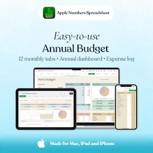 Könnte beinhalten: Eine Apple Numbers Tabellenkalkulation für ein Jahresbudget, dargestellt auf einem Laptop, Tablet und Smartphone. Die Benutzeroberfläche enthält 12 monatliche Reiter, ein Jahres-Dashboard und ein Ausgabenprotokoll mit Diagrammen.