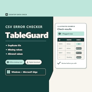 May include: A dark green and white digital interface for TableGuard CSV error checker software. It displays features like duplicate IDs, missing values, and allowed values. An illustrated example shows a table with flagged rows, status, and check results.