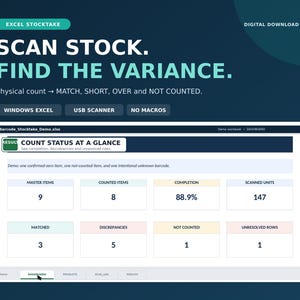 Può includere: Una dashboard digitale Excel per l'inventario con il testo SCAN STOCK. FIND THE VARIANCE. L'interfaccia mostra una tabella di stato del conteggio con metriche per articoli master, articoli contati, percentuale di completamento, unità scansionate, corrispondenze, discrepanze, non contati e righe non risolte.