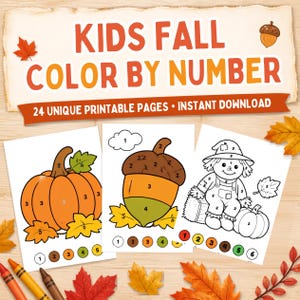 May include: KIDS FALL COLOR BY NUMBER 24 UNIQUE PRINTABLE PAGES INSTANT DOWNLOAD. Three activity sheets featuring line art of a pumpkin, an acorn, and a scarecrow with numbered sections for colouring, accompanied by colour-coded circles at the bottom.